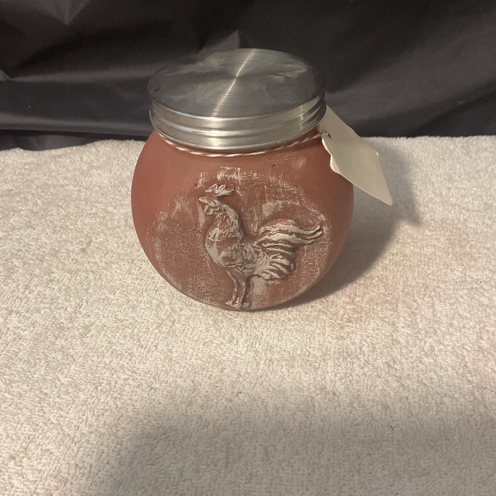 Rustic Rooster Jar with Silver Lid